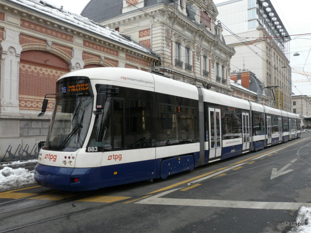 tpg - Tram Be 6/8 883 unterwegs auf der Linie 15 in Genf am 14.02.2013