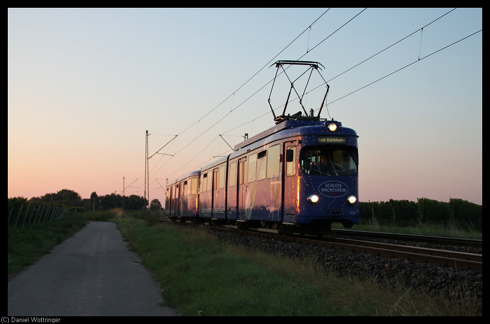 Triebwagen 1015 am Morgen des 06. September 2010 zwischen dem Haltepunkt Friedelsheim und der Bk Neuberg.