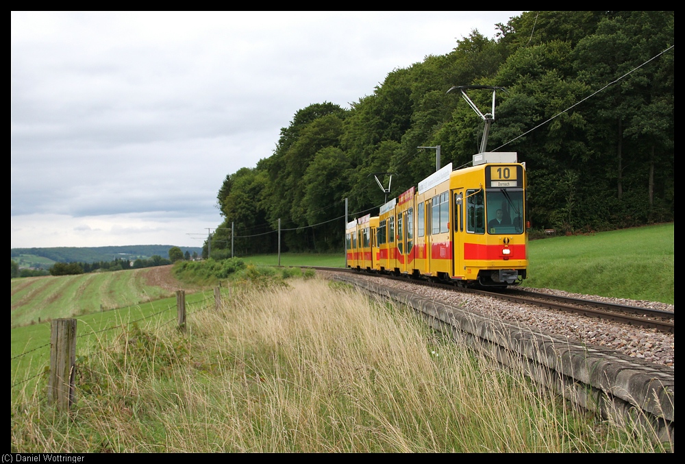 Triebwagen 235, einer der mit 50 Wagen vom Typ Be 4/8, am 16. August 2010 kurz vor Rodersdorf.