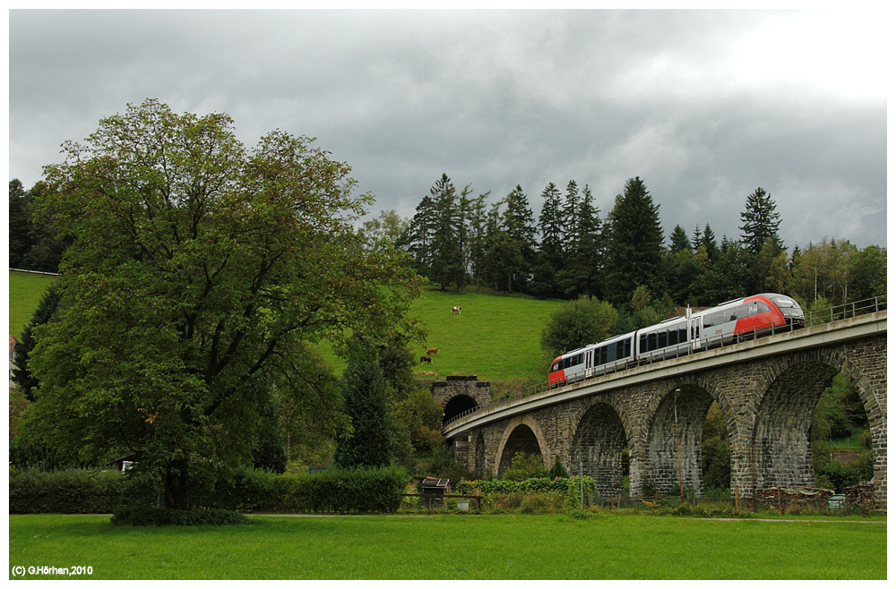 Triebwagen Rh 5022 mit REX nach Hartberg auf dem Murtalbachviadukt in Aspang, 16.10.2010
