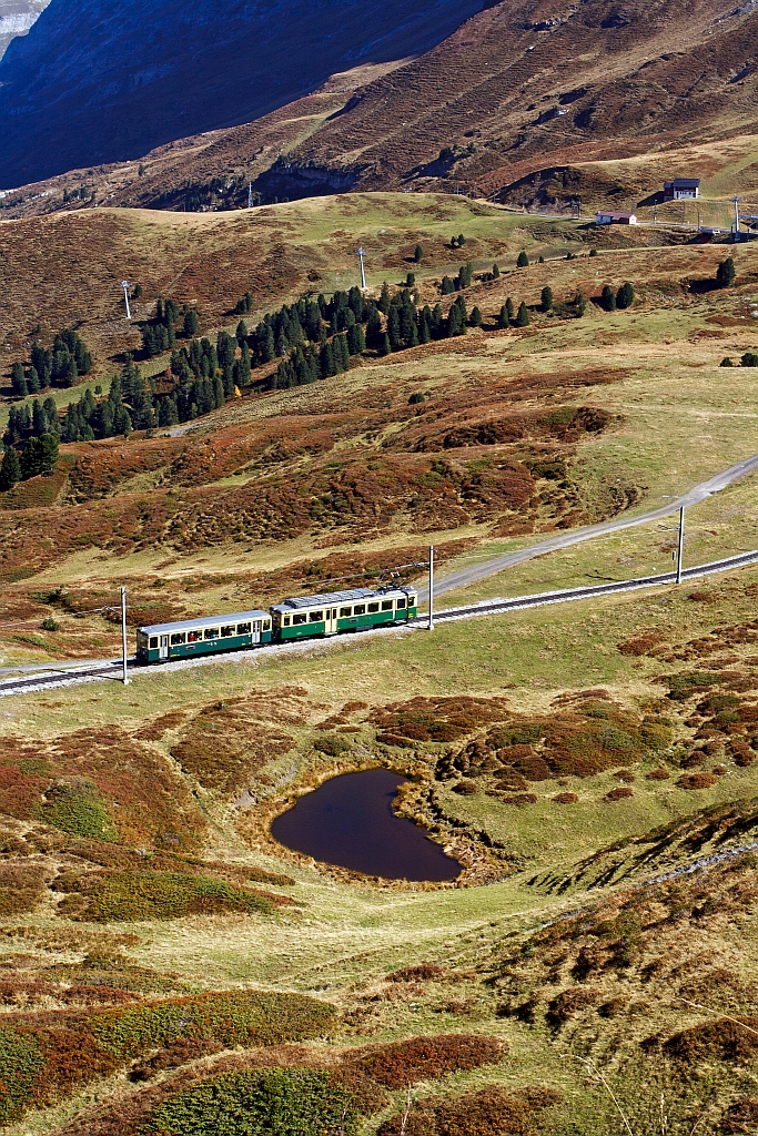 Triebzug der WAB (Triebwagen und Steuerwagen) fhrt am 02.10.2011 von Kleine Scheidegg in Richtung Grindelwald hinab.