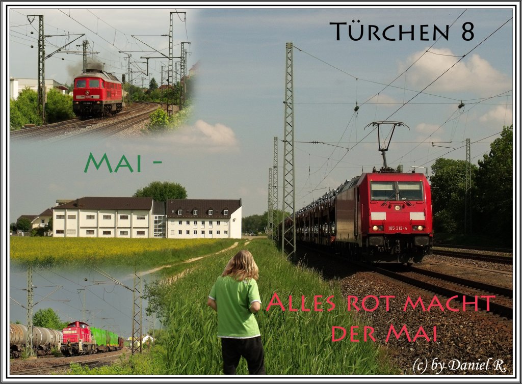 Trchen 8: Der Mai - Alles rot macht der Mai ;) Bezieht sich natrlich auf die Loks im Bild. Der kleine Gartenzwerg in der Mitte ist brigens Julian H., und ich hoffe er nimmt mir dass nicht allzu bel. 

(08.12.10) 

