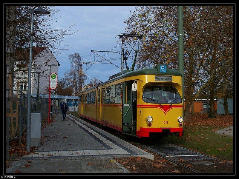 Tw 211 an der neu umgebauten Haltestelle Rintheim. Aufgenommen am 15.11.2009
