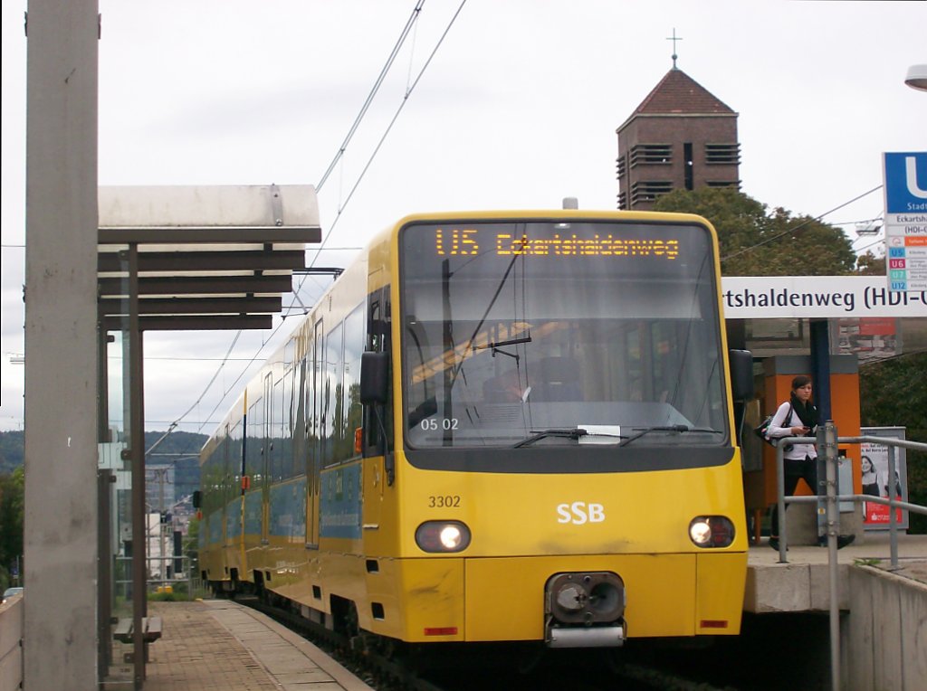 TW 3301/3302 der SSB-AG als U5 Eckharshaldenweg am 18.09.2011 beim Halt Eckharshaldenweg.
