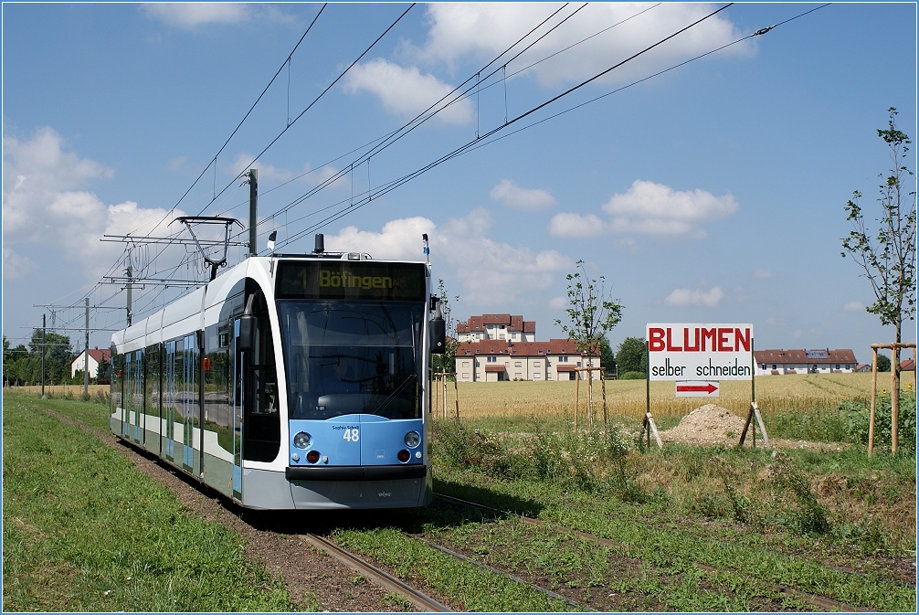 Tw 48  Sophie Scholl  vor der (H) Mecklenburgweg (19. Juli 2010). - Einerseits wirkt die Neubaustrecke nach B�fingen noch recht l�ndlich ...