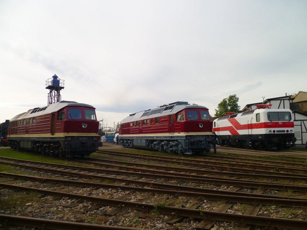 U-Boot und Ludmilla Treffen in Weimar am 13.10.12.Bei diesem Bild brauchte man viel Geduld! Zusehen ist die 131 012-7 der WFL, die neu lackierte 132 010-0 in der DR-Lackierung und die 243 001 (143 117).

