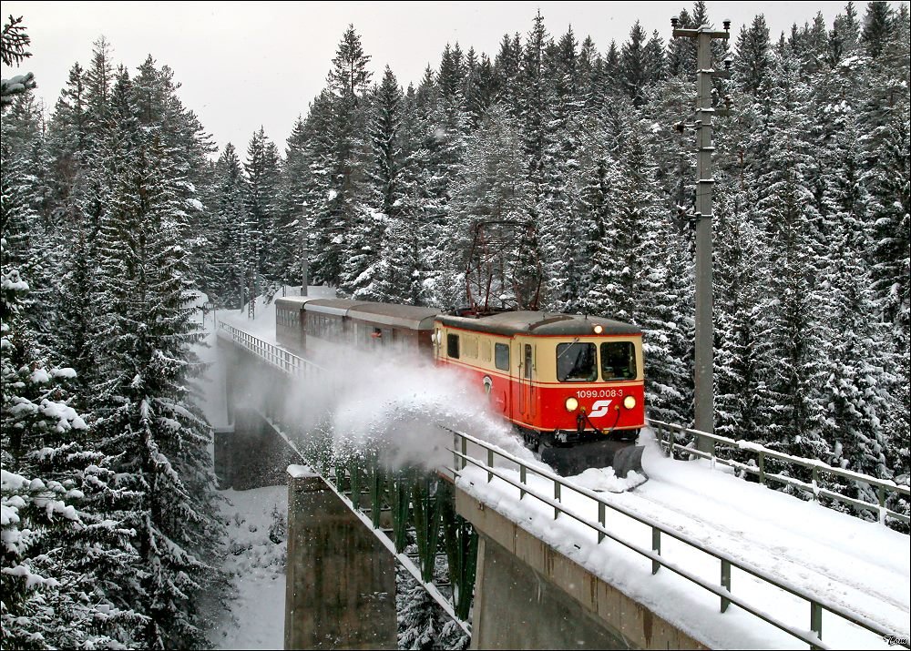 ber die 110m lange Kuhgraben Brcke, fhrt die 1099 008 mit dem R 6813 von St.Plten nach Mariazell. 
Erlaufklause 31.01.2010