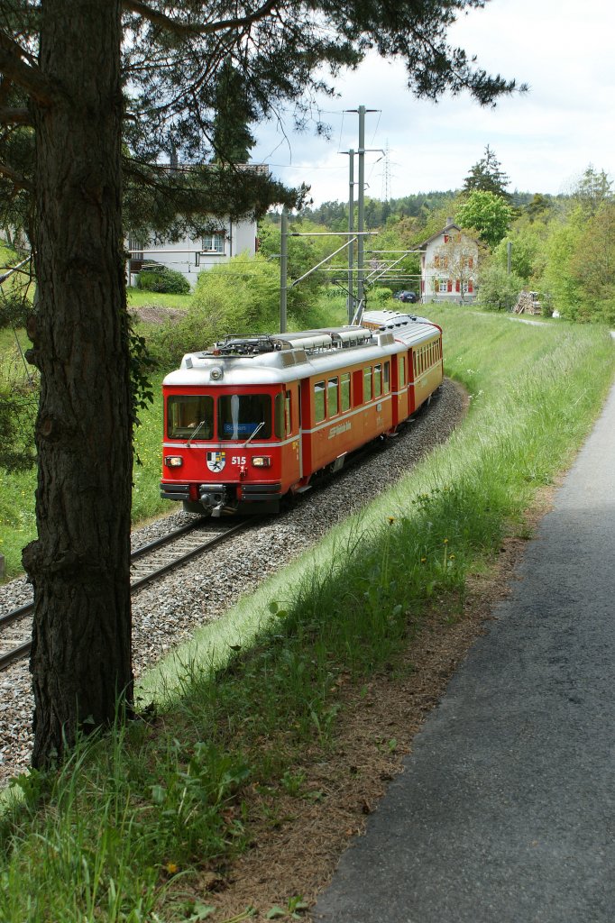 ber Brcken und Tunnels verluft die berhmte Albulabahn, aber auch, wie hier durch sanftegewelltes Hgelland. Be 4/4 515 als S-Bahn zwischen Bonaduz und Reichenau-Tamins am 10. Mai 2010.