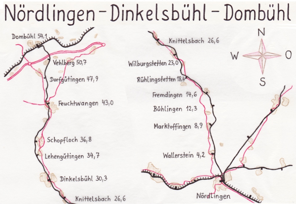 bersichtskarte der Kursbuchstrecke 885 Nrdlingen - Dinkelsbhl - Dombhl. Jrg Schfer zeichnete sie 1985, nach der 150-Jahr-Feier der Deutschen Bundesbahn. Im Mai 1985 war in Dombhl gleichzeitig der Personenverkehr nach Nrdlingen eingestellt und die Oberleitung der Hauptstrecke Ansbach - Crailsheim - Aalen in Betrieb genommen worden.