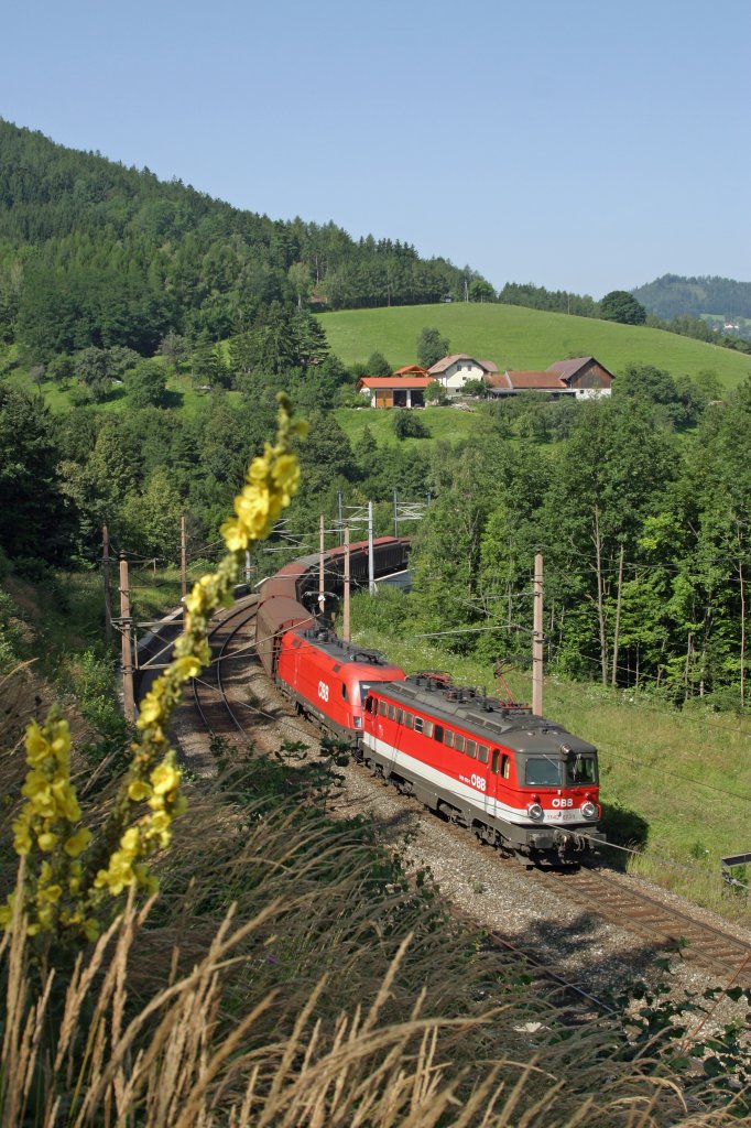 Umgeben von einer prchtigen Landschaft fahren 1142.673+1116 mit Hbis-GAG bei Eichberg Richtung Semmering. 28.7.12