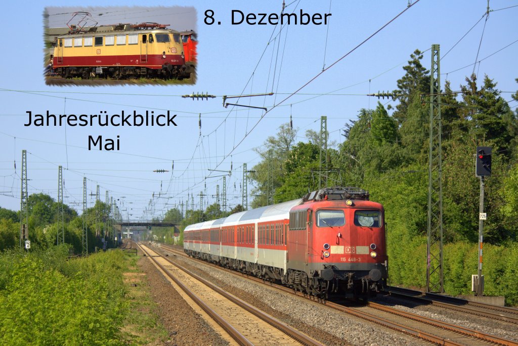 Und es ffnet sich Trchen Nummer 8. Zu sehen ist die 115 448-3 in Angermund nach der Meisterschaft vom BVB (siehe rechtes Fenster) und die 113 311-1 in Koblenz Ltzel.