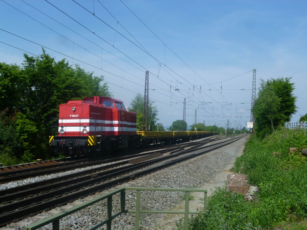 V 100.01 mit leeren GZ Wagen bei Leutersberg am 5.5.11.
