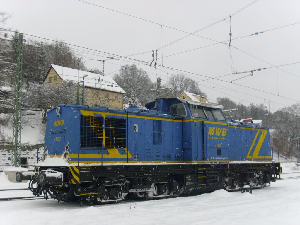 V 1202 (202 630-0) der Mittelweserbahn rangiert am 17. Dezember 2010 ber Gleis 1 in Kronach.