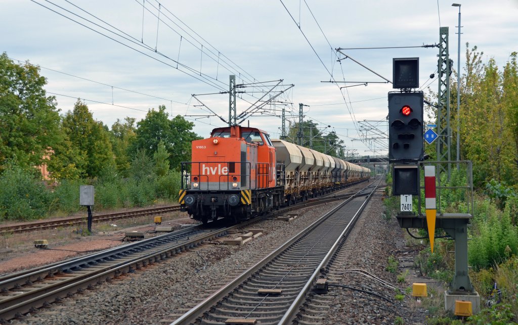V 160.3 der hvle zog am 23.09.12 einen Sch�ttgutwagenzug durch Delitzsch u. Bf Richtung Bitterfeld.