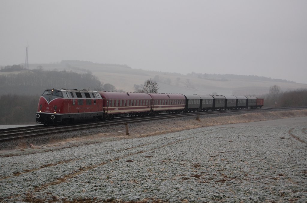 V 200 033 mit Sonderzug von Hamm (Westf.) nach Wernigerode, hier zwischen Brakel und Hembsen, leider war das Wetter sehr trb und nebelig, 05.03.2011. Gru an den Tf !!!