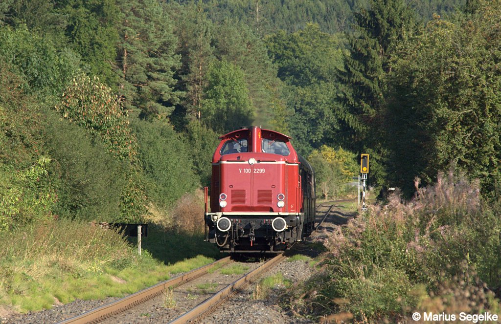 V100 2299 zieht einen Kurhessenbahnsonderzug von Wolfhagen nach Korbach und konnte bei der Einfahrt in Ehringen festgehalten werden. Aufgenommen am 02.09.2012