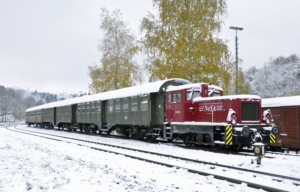 V22 519 der NeSa(Eisenbahn-Betriebsgesellschaft Neckar-Schwarzwald-Alb mbH) steht im Gelnde der EFZ in Rottweil abgestellt am 28.10.2012.