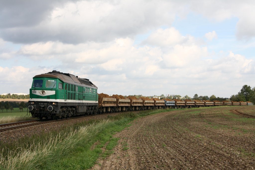 V300 001 (ex 232 404-4) befrdert am 22.09.11 einen Sandzug ber die Steigung bei Zwetschien Richtung Schmirchau.