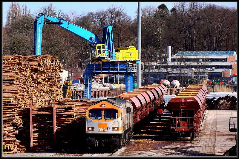 V330.3 stellt die schon geleerten Wagen in der Holzabteilung des Sdhafens ab und holt die nchsten vollen Wagen zum entladen.    Stralsund am 15.03.10