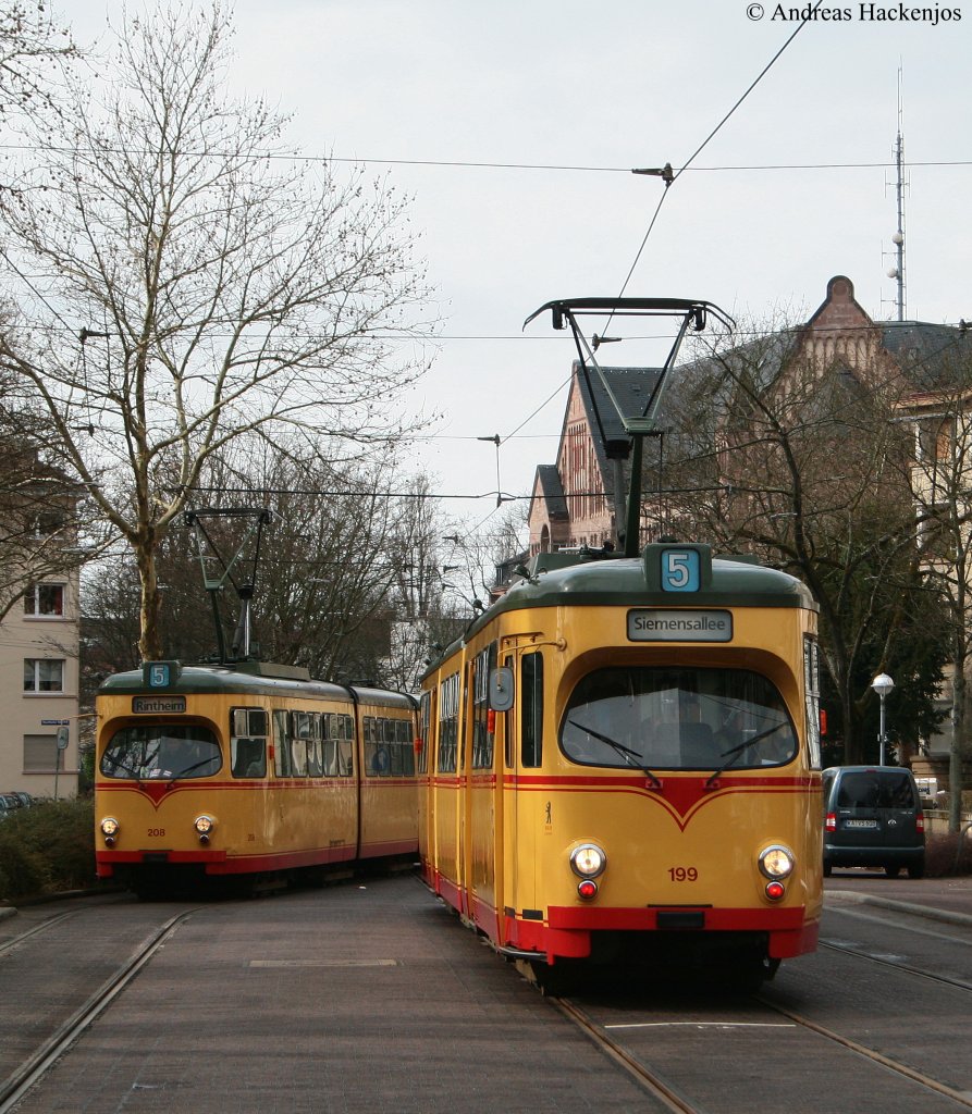 VBK 199 auf Sonderfahrt anllich der TSNV JHV trifft  am Konzerthaus auf  VBK 208 als 5 nach Rintheim 20.3.10