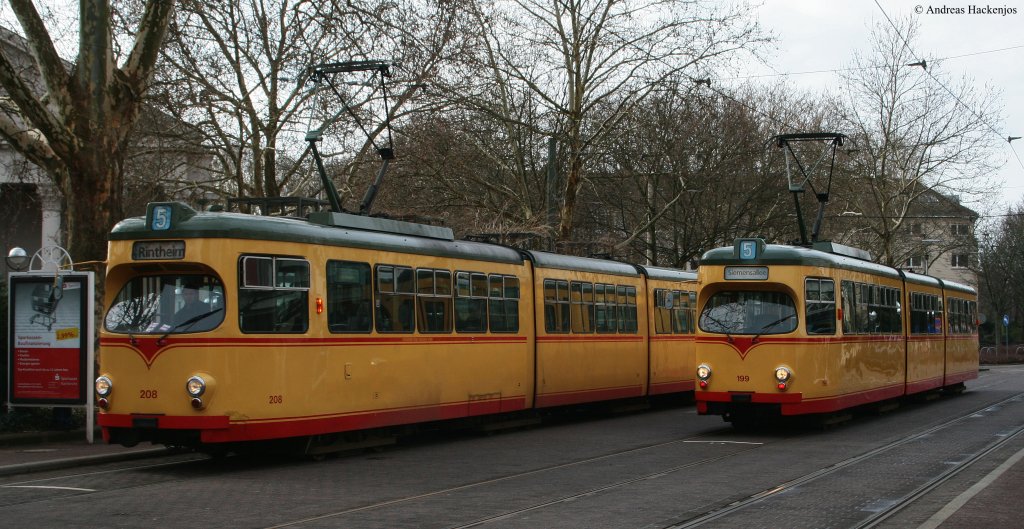 VBK 199 auf Sonderfahrt anlsslich der TSNV JHV trifft  am Konzerthaus auf  VBK 208 als 5 nach Rintheim 20.3.10