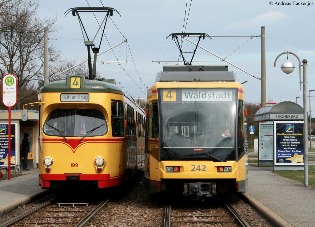 VBK 199 auf Sonderfahrt anllich der TSNV JHV trifft auf 242 als 4 nach Waldstadt am Fcherbad 20.3.10. Das Bild entstand legal von einem berweg aus!