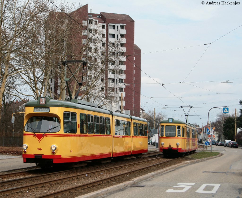 VBK 199 auf Sonderfahrt anllich der TSNV JHV trifft in der Forststrae den Planverkehr mit 213 als 5 nach Rintheim 20.3.10