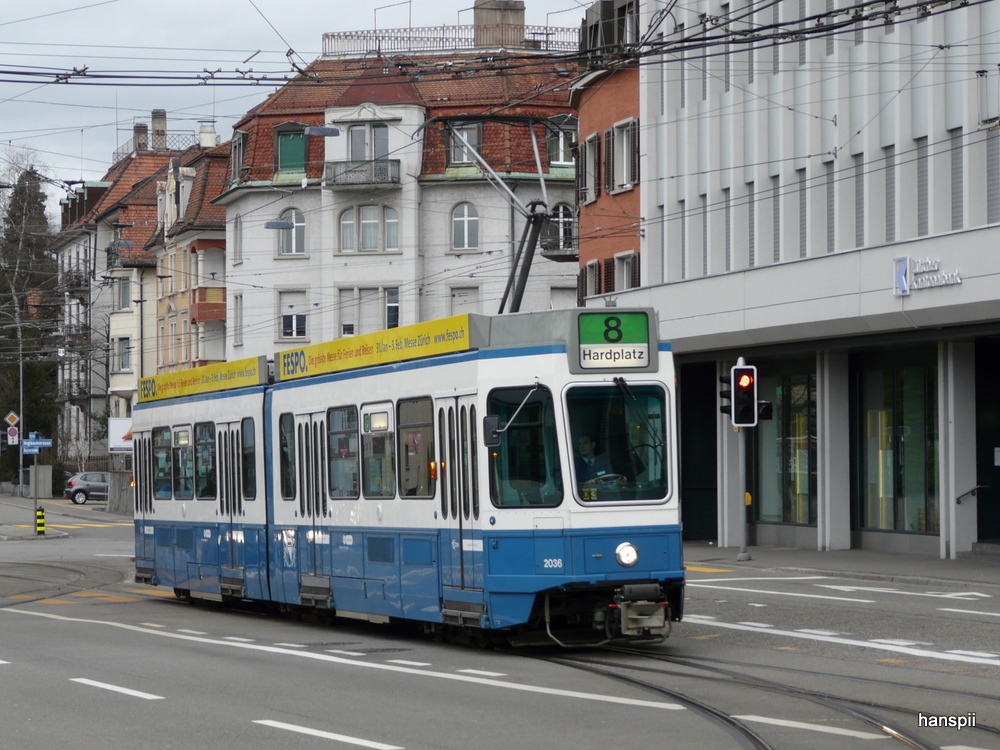 VBZ - Be 4/6 2036 unterwegs auf der Linie 8 in Zrich am 01.01.2013