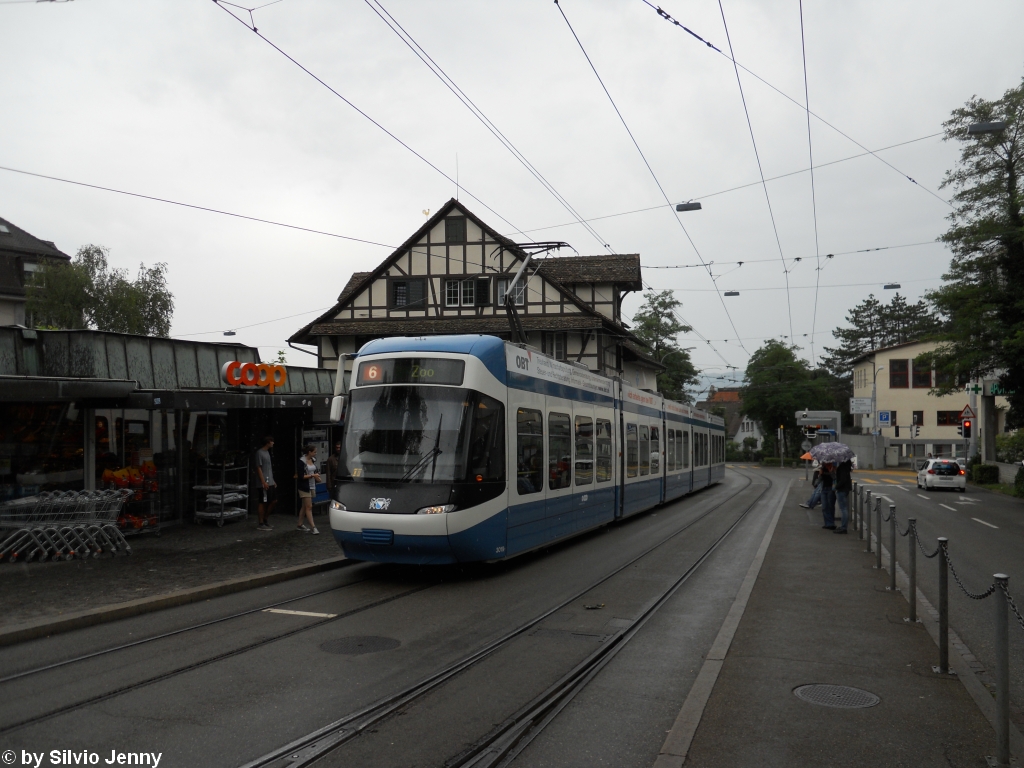 VBZ Nr. 3019 (Be 5/6 ''Cobra'') am 28.7.2010 bei der Kirch Fluntern. Whrend der Baustelle am EscherWyss-Platz und Bhf. Stettbach wurde die Linie 6 ihrer Snften ''beraubt''. Stattdessen fahren nun Cobras zum Zoo, dies durchaus auch, weil wegen den Sommerferien ein hheres Fahrgastaukommen zum Zoo zu erwarten ist.