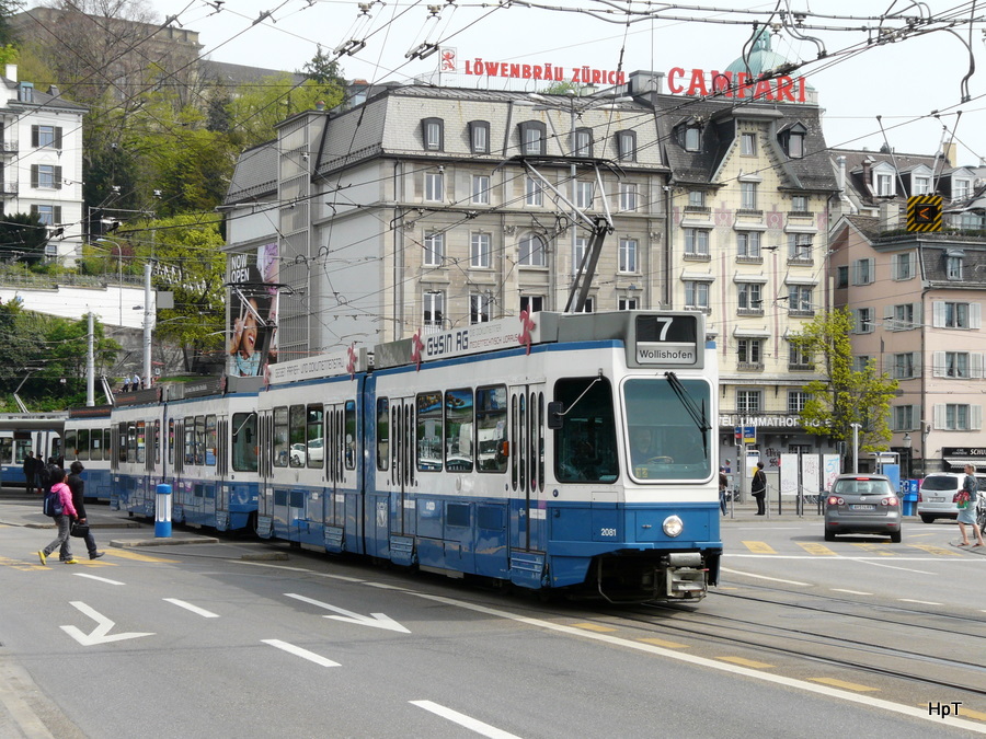 VBZ - Tram Be 4/6 2081 unterwegs auf der Linie 7 am 22.04.2010