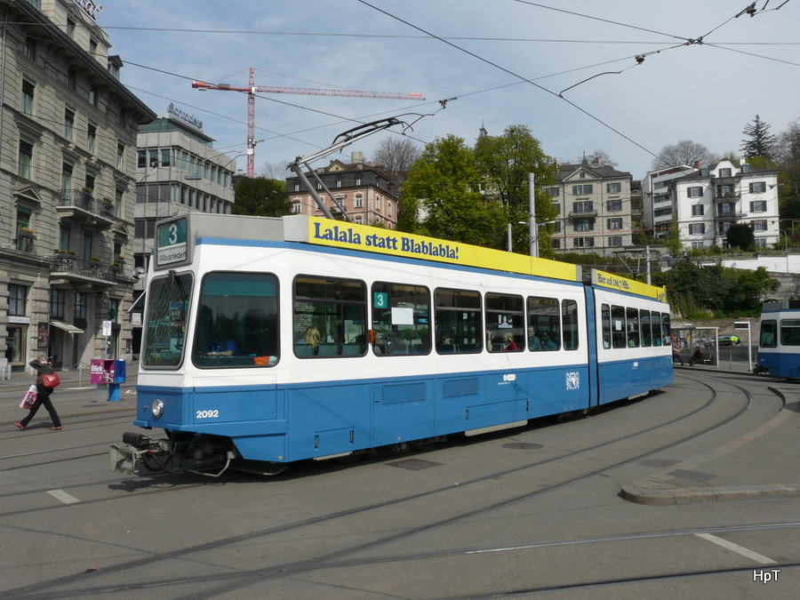 VBZ - Tram Be 4/6 2092 unterwegs auf der Linie 3 am 22.04.2010