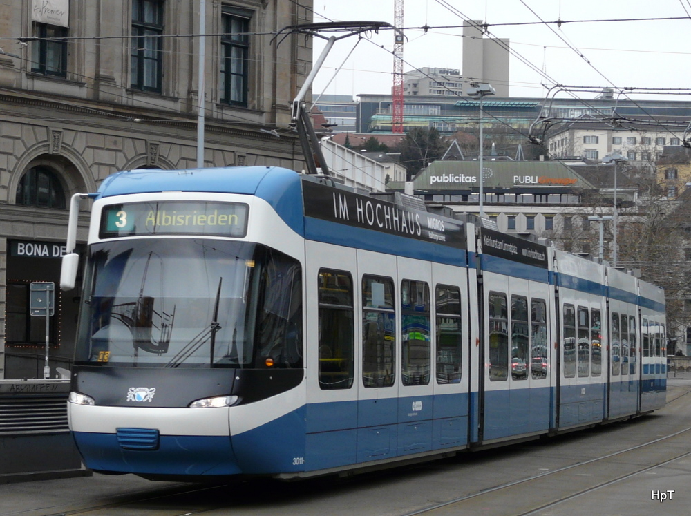 VBZ - Tram Be 5/6 3011 unterwegs auf der Linie 3 in Zrich am 01.01.2011