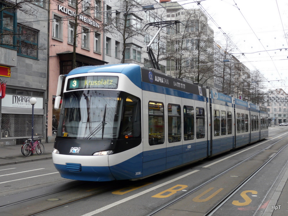 VBZ - Tram Be 5/6 3036 unterwegs auf der Linie 3 in Zrich am 01.01.2011

