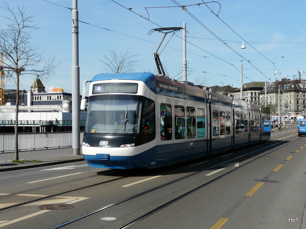 VBZ - Tram Be 5/6 3039 unterwegs auf der Linie 4 in der Stadt Zrich am 01.04.2011

