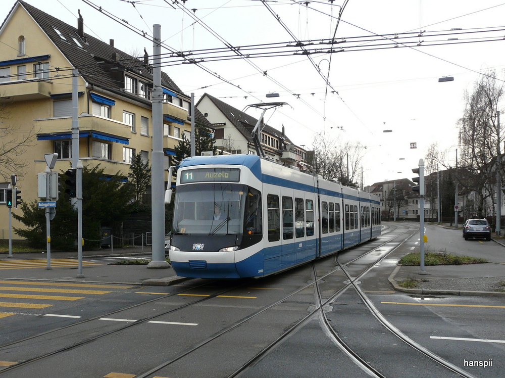VBZ - Tram Be 5/6 3088 unterwegs auf der Linie 11 in Zrich am 23.12.2012