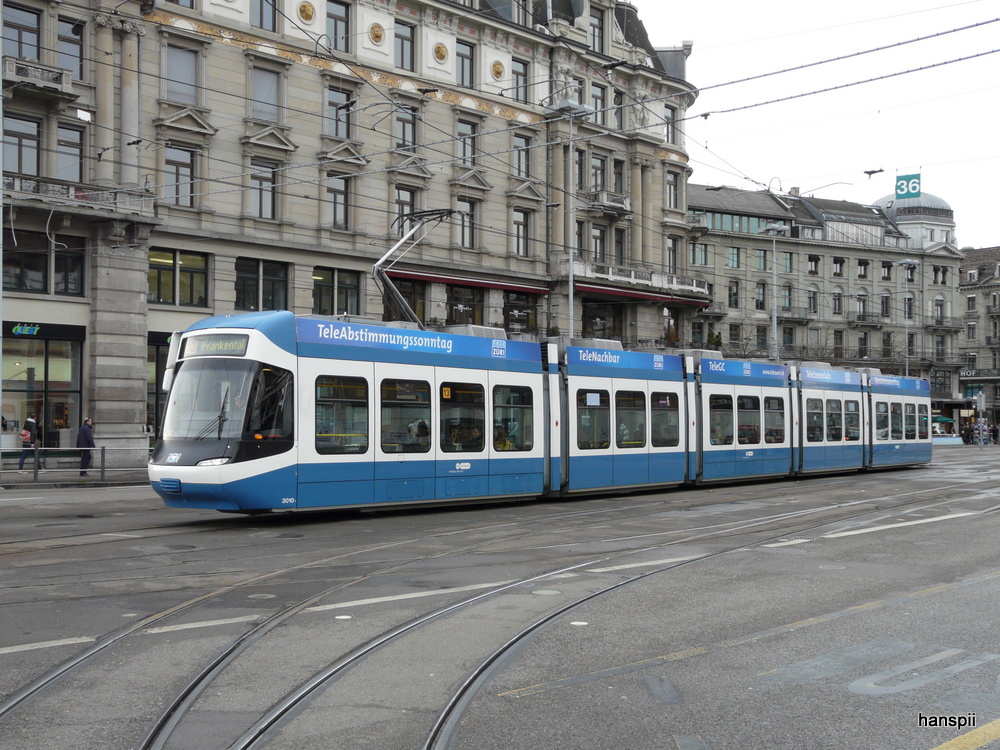 VBZ - Tram Be 5/6 3010 unterwegs auf der Linie 13 in Zrich am 23.12.2012