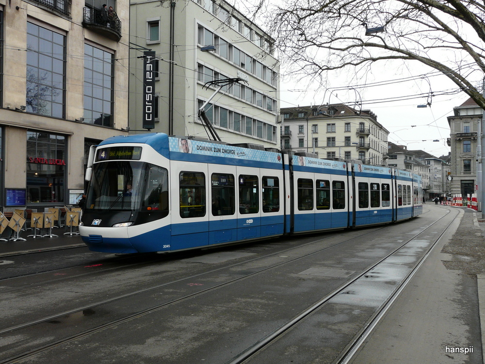 VBZ - Tram Be 5/6 3041 unterwegs auf der Linie 4 am 21.04.2013