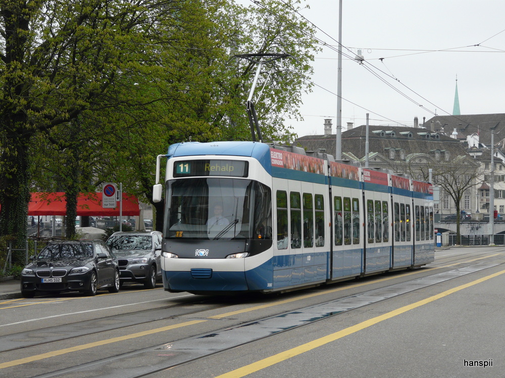 VBZ - Tram Be 5/6 3080 unterwegs auf der Linie 11 am 21.04.2013