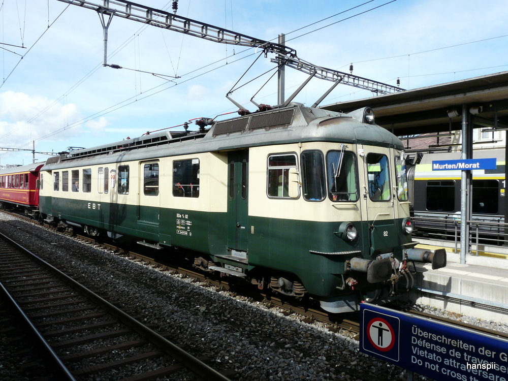 Verein Pendelzug Mirage - Triebwagen BDe 4/4 82 (ex SOB)unterweg mit dem Whisky Train in Murten am 13.04.2013