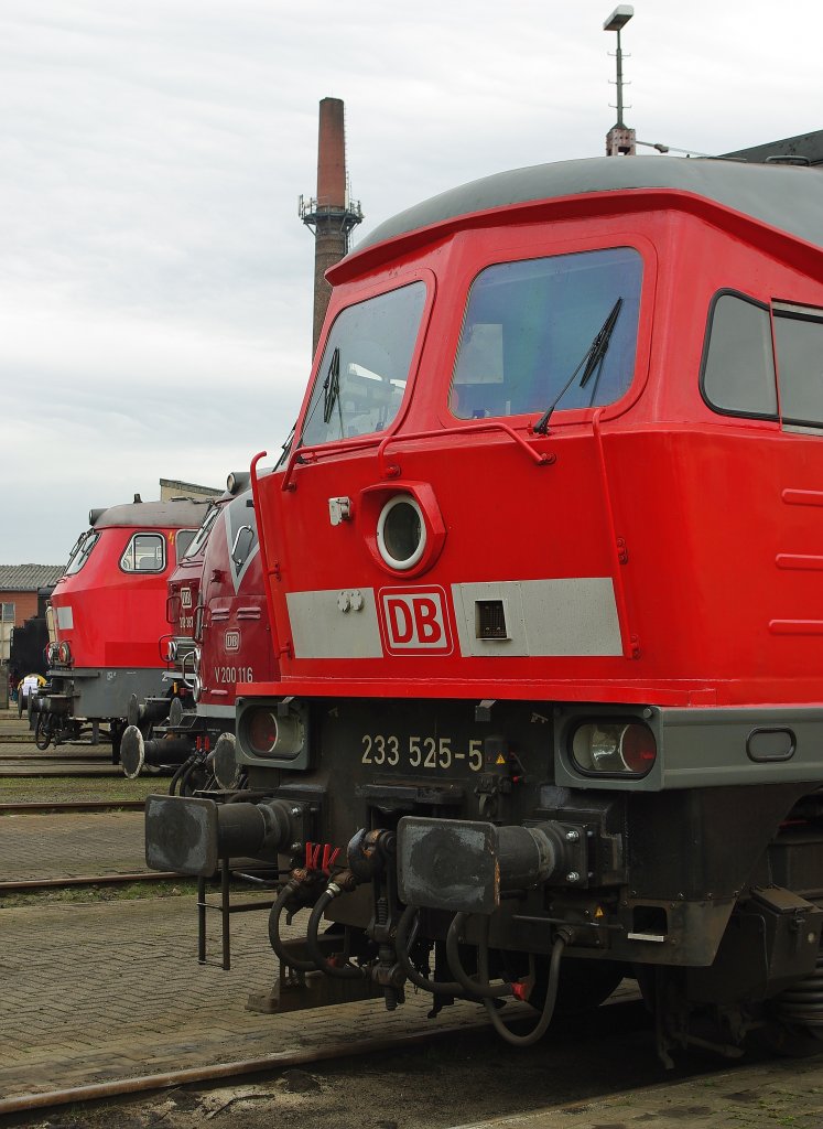 Verscheiden Diesellok-Baureihen zeigen ihr verschiedenes Design im Seitenprofil. Vorn: 232 525-5 neben einer V200 und zwei Vertreterinnen der V160 Familie. Aufgenommen am 19.09.2010 beim BW-Fest in Osnabr�ck.

