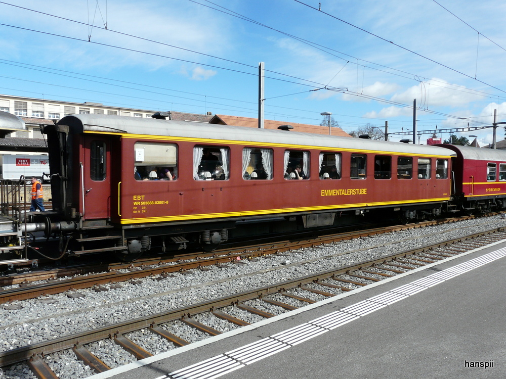 VHE / BLS  - Speisewagen   Emmentalerstube  WR 50 38 88-03 801-8 unterwegs mit dem Whisky Train in Murten am 13.04.2013