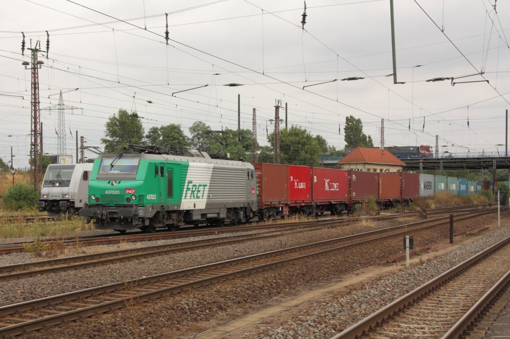 Viel Buntes heute in Magdeburg-Rothensee. Hier fhrt ein Fretchen (437023) mit einem Containerzug in Richtung Stendal. Links daneben rangiert 185 684-8 von Railpool. Fotografiert am 06.08.2010. 