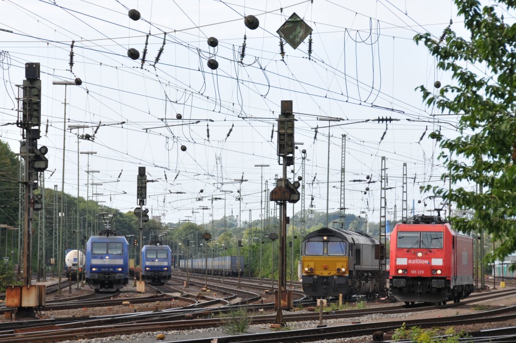 Viel los in Aachen-West. Links stehen abfahrbereit mit ihren Zgen 145-CL 203 und 145-CL 204, whrend rechts die Class 66 von Crossrail 266 026-4 und die 185 229 von Railion auf ihre Einstze warten. Das Bild entstand am 11/08/2011.