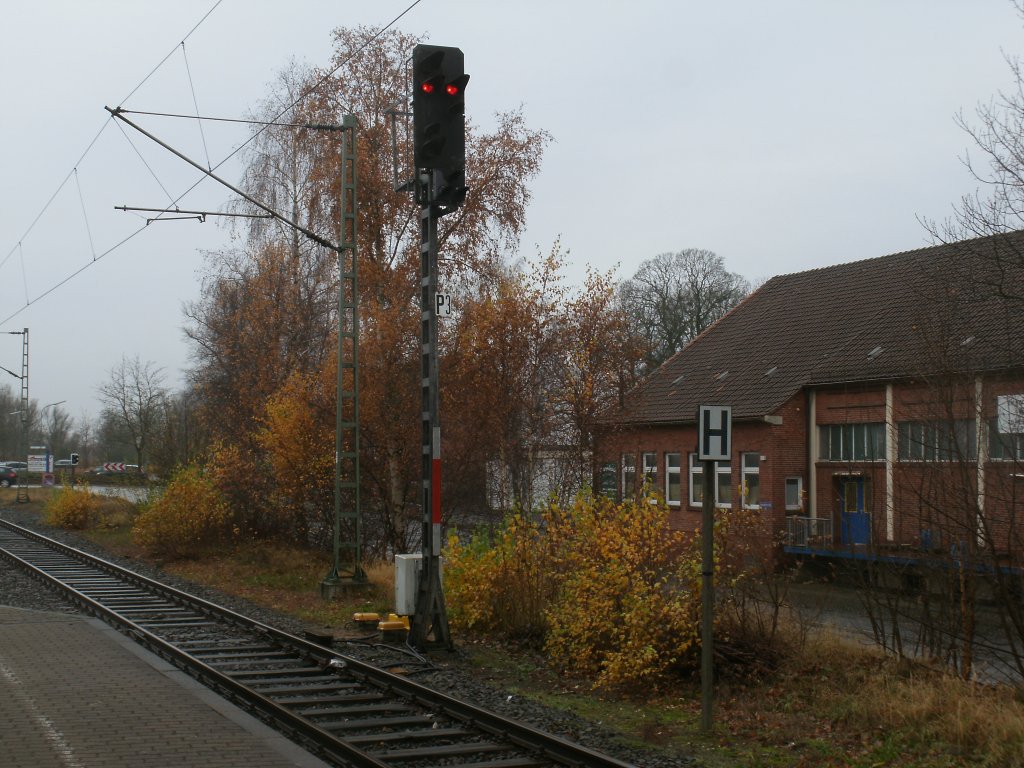 Vom einzigen Kreuzungs-und berholgleis in Wrist das Ausfahrsignal P3 in Richtung Hamburg am 18.November 2012.