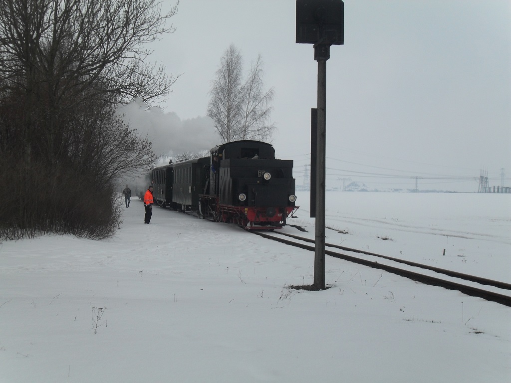 Vom Wetter her sieht es nicht danach aus. Aber das ist der �ffentliche Osterzug der Mansfelder Bergwerksbahn am 30.03.2013 welcher bespannt mit Lok 20 hier gerade im Hp. Zirkelschacht an der Bundesstra�e 242 (Harzstra�e) steht.