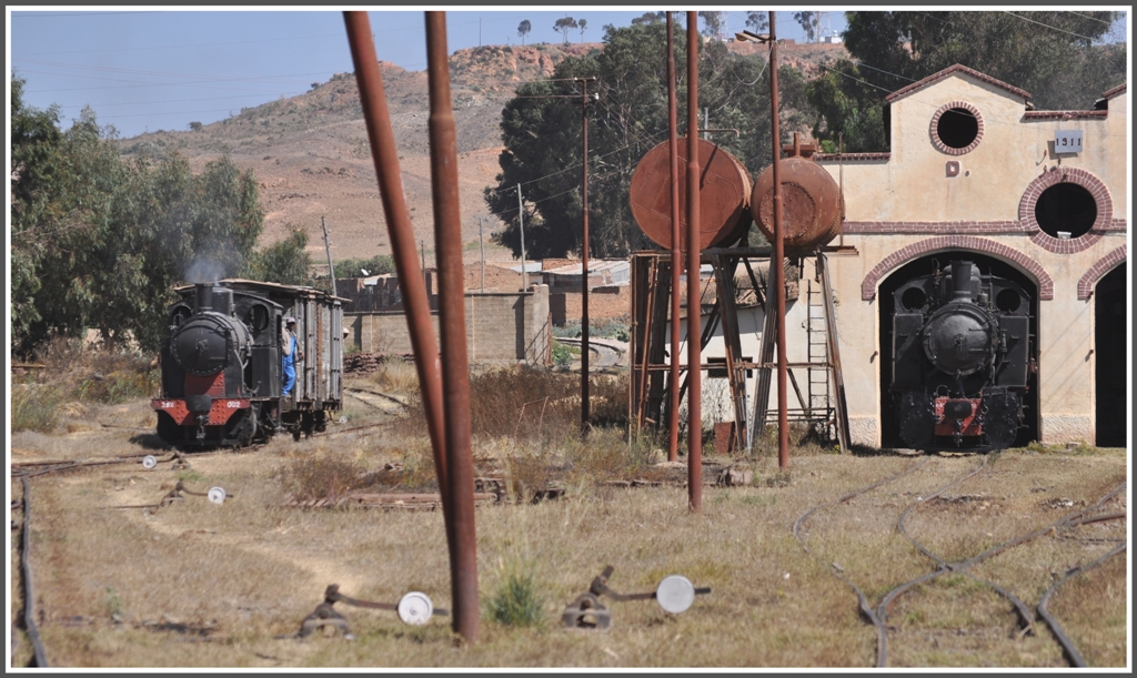 Vor dem Depottor steht 442.56 und 202.002 rangiert Gterwagen. Im Hintergrund ist das Streckengeleise nach Massawa sichtbar und das Anschlussgleis zum Ausbesserungswerk Asmara. (31.01.2012)