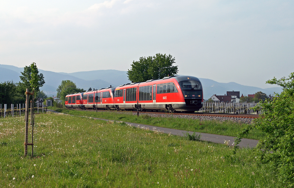 Vor der Kulisse des Pflzer Waldes eilen 642 001, 642 092 und 642 095 am 08. Mai 2010 als verspteter RE 28887 von Neustadt (Weinstrae) nach Karlsruhe an Edesheim vorbei in Richtung Landau.