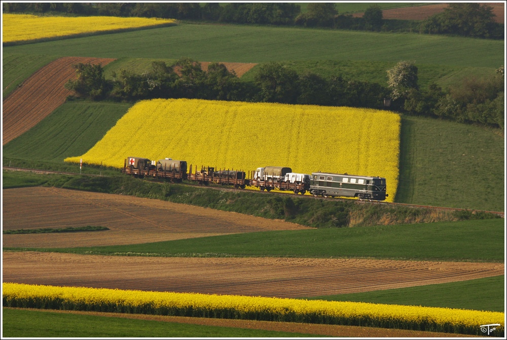 Vor den Rapsfeldern am Mollmannsdorfer Berg, fotografierte ich die Diesellok 2050 04 mit dem historischen Milzug.
Mollmannsdorf 1.5.2011