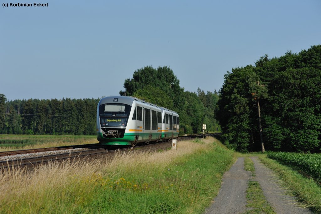 Vt 11 mit VBG 81131 von Hof Hbf nach Regensburg Hbf ausnahmsweise mit 2 Triebwagen wegen des aktuellen Notfallfahrplans der Vogtlandbahn bei der Fahrt zwischen Pechbrunn und Wiesau (Oberpf), 27.06.2011