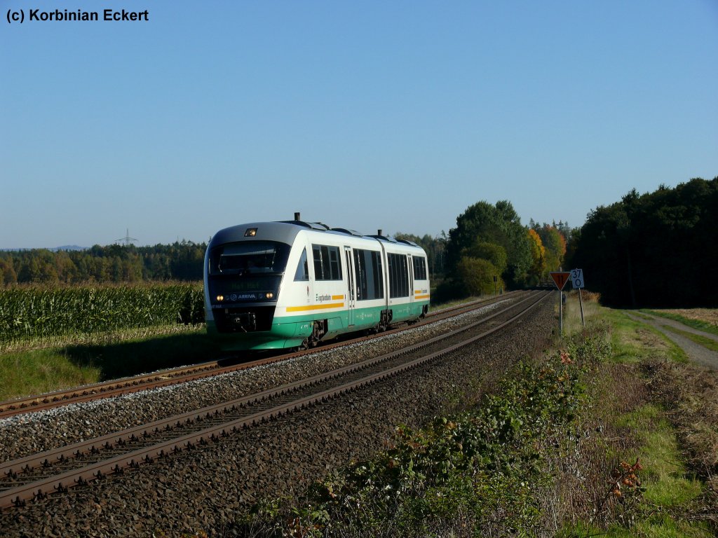 VT 14 A der Vogtlandbahn mit VBG 81920 auf der Fahrt von Regensburg nach Hof zwischen Wiesau (Oberpf) und Pechbrunn, 10.10.2010